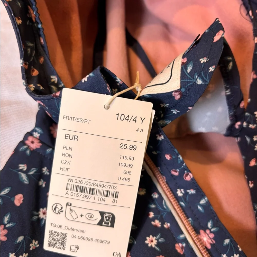 Navy Floral 4T Girls Raincoat with Hood - Picture 3 of 4